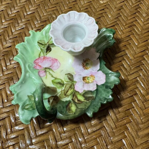 Vintage Hand Painted Porcelain Floral Leaf-Shaped Chamberstick Candle Holder - Picture 6 of 7